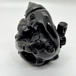 Black Obsidian Ganesha Statue 4” Hand-Carved Hindu Elephant God Figurine